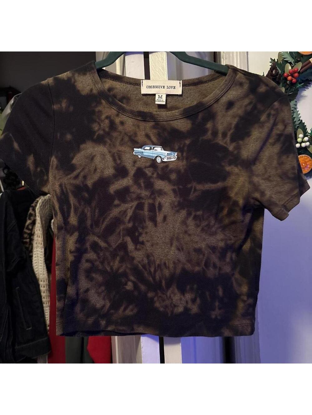 Brown tie-dye crop top with car graphic
